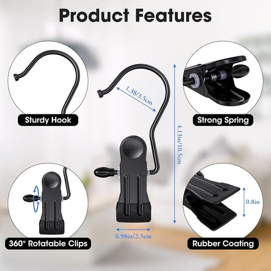 Black boot hanger clips with rotatable hook, strong spring clamp, rubber coating