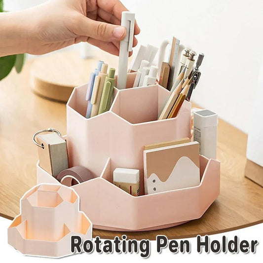 360-degree rotating pen holder organizer with multiple compartments for pens and stationery