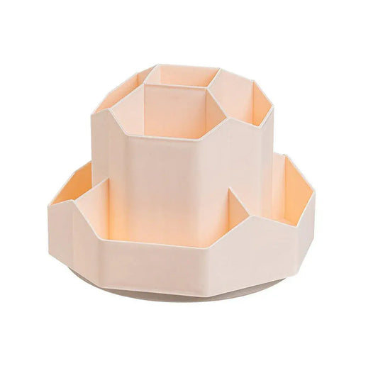 Plastic rotating pen holder organizer with hex-style divided compartments, empty