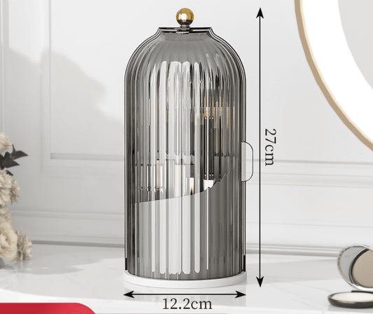 Grey clear makeup brush organiser cylinder with gold knob, 12.2 cm wide and 27 cm tall