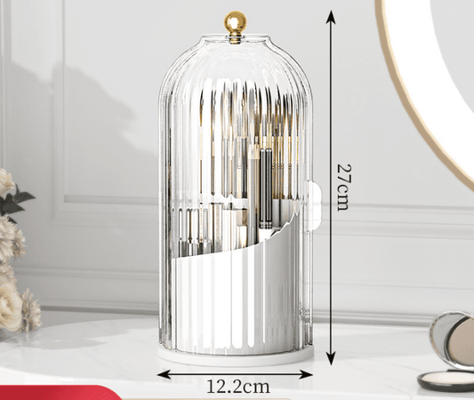 Transparent makeup brush organizer cylinder with arched dustproof lid, gold knob