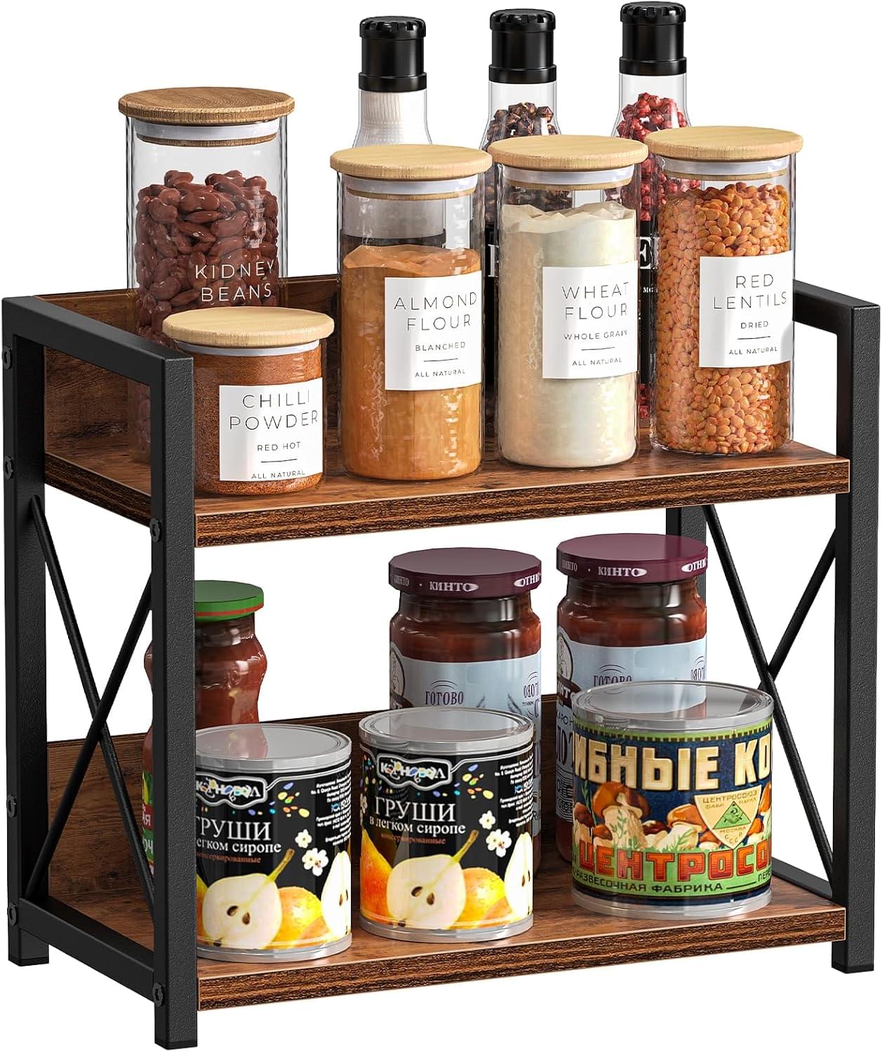 Two-level spice organizer rack with glass jars and wooden lids on shelves