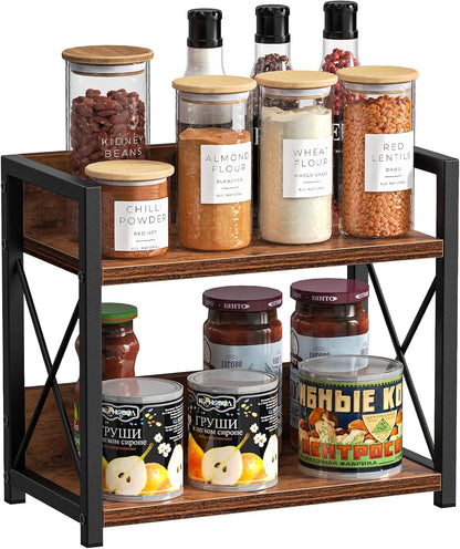 Two-level spice organizer rack with glass jars and wooden lids on shelves