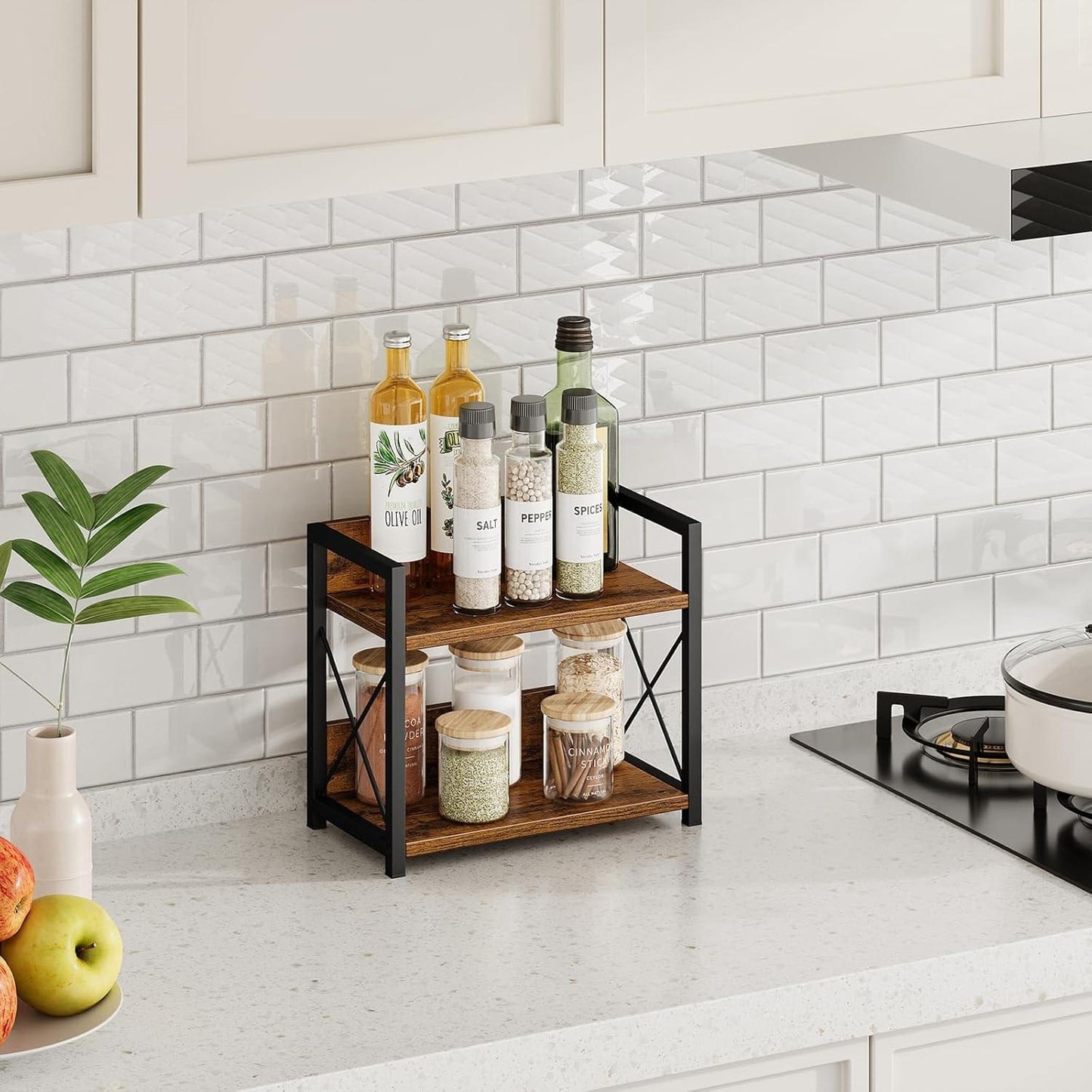 2-tier kitchen spice rack with black metal frame and rustic wood shelves