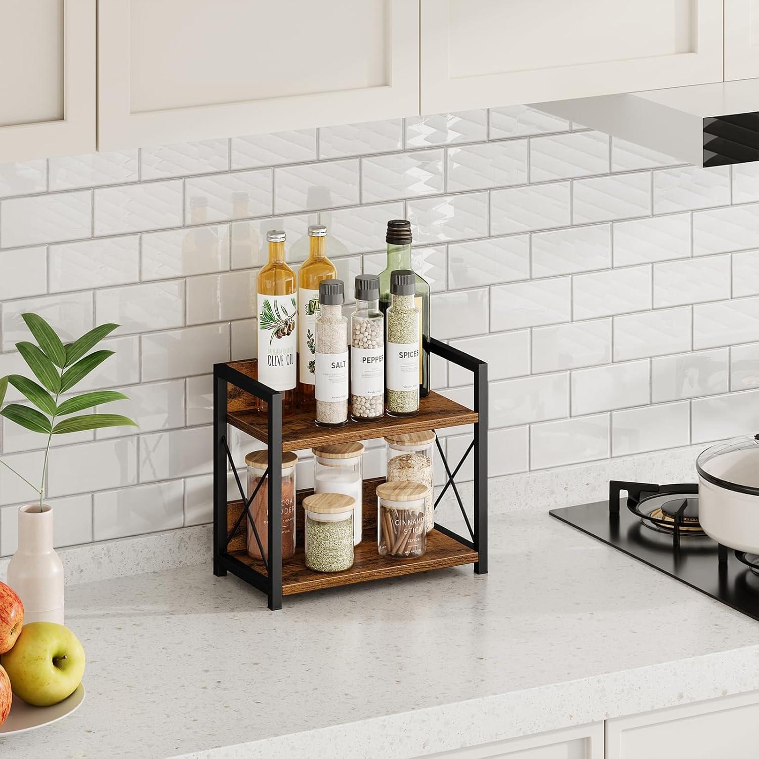 2-tier kitchen spice rack with black metal frame and rustic wood shelves