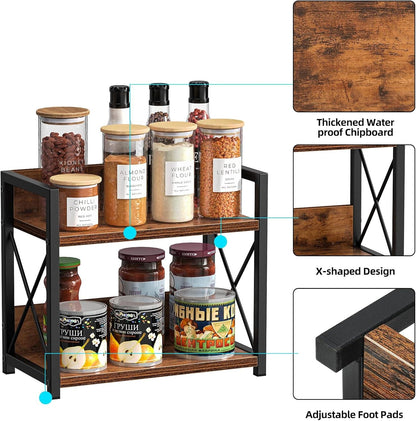 Compact 2-tier spice shelf organizer with rustic wood panel and X-frame legs