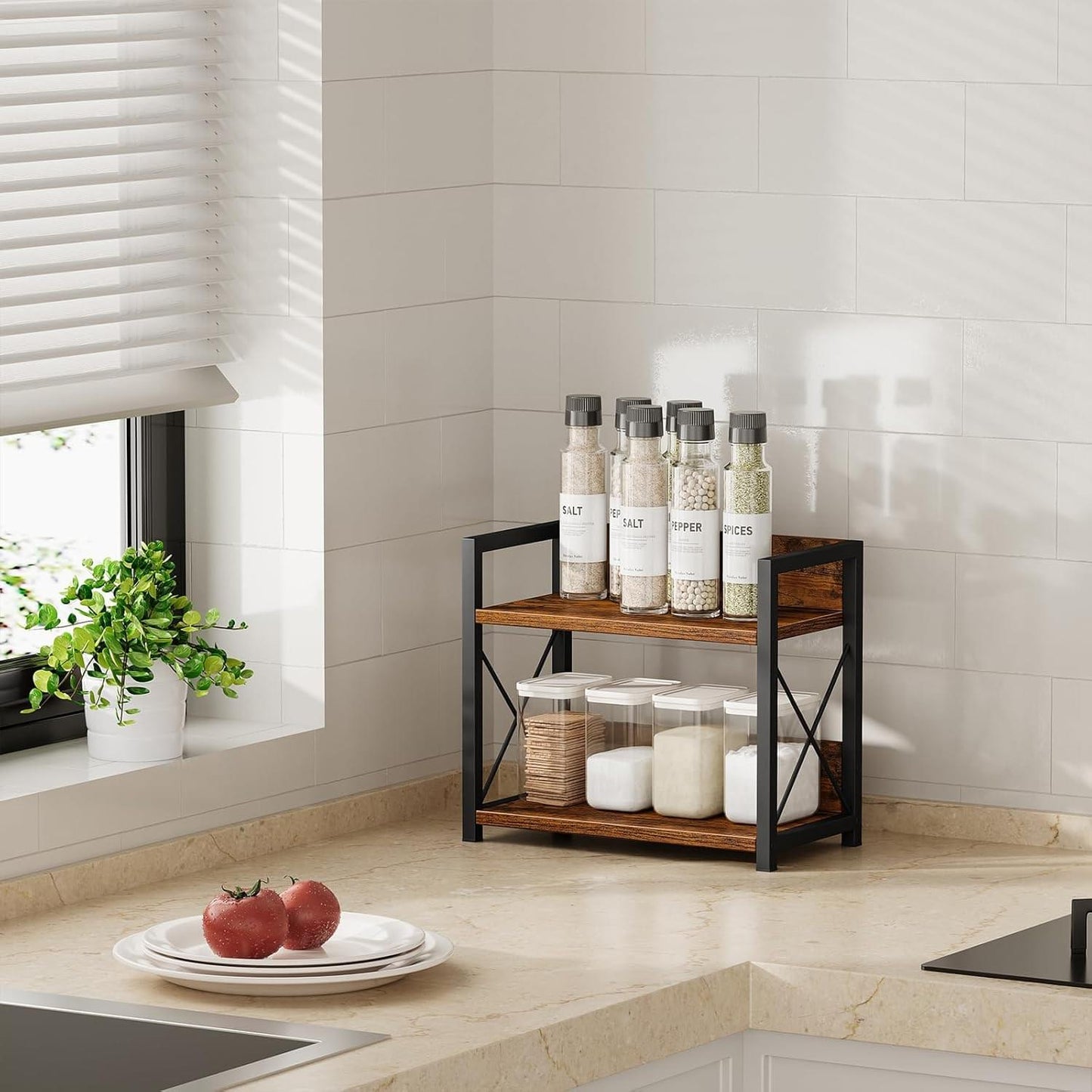 Rustic 2-tier shelf spice rack with jars and bottles on countertop