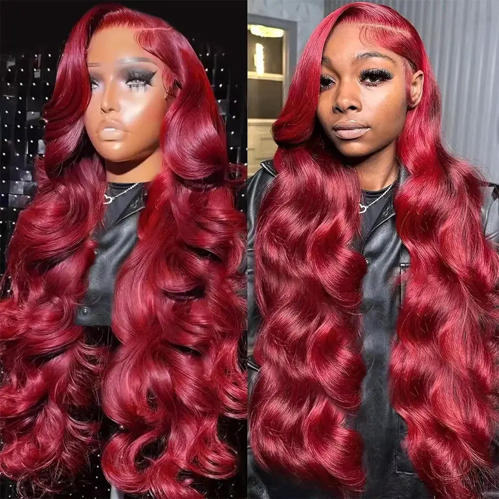 Burgundy red body wave lace wig with voluminous curls and side part