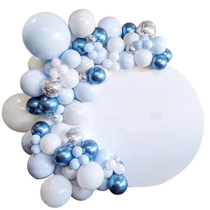 Blue and silver balloon garland arch kit with mix of round matte and metallic balloons