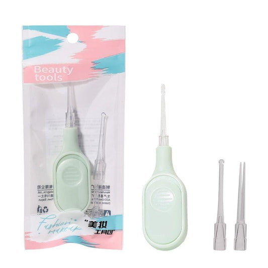 Light-up ear pick tool set with mint-green handle and 3 slim tips