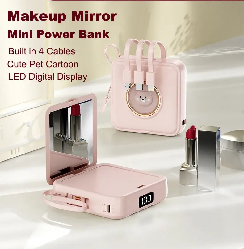 Pink makeup mirror power bank with pet cartoon face, mirror open, built-in charging cables