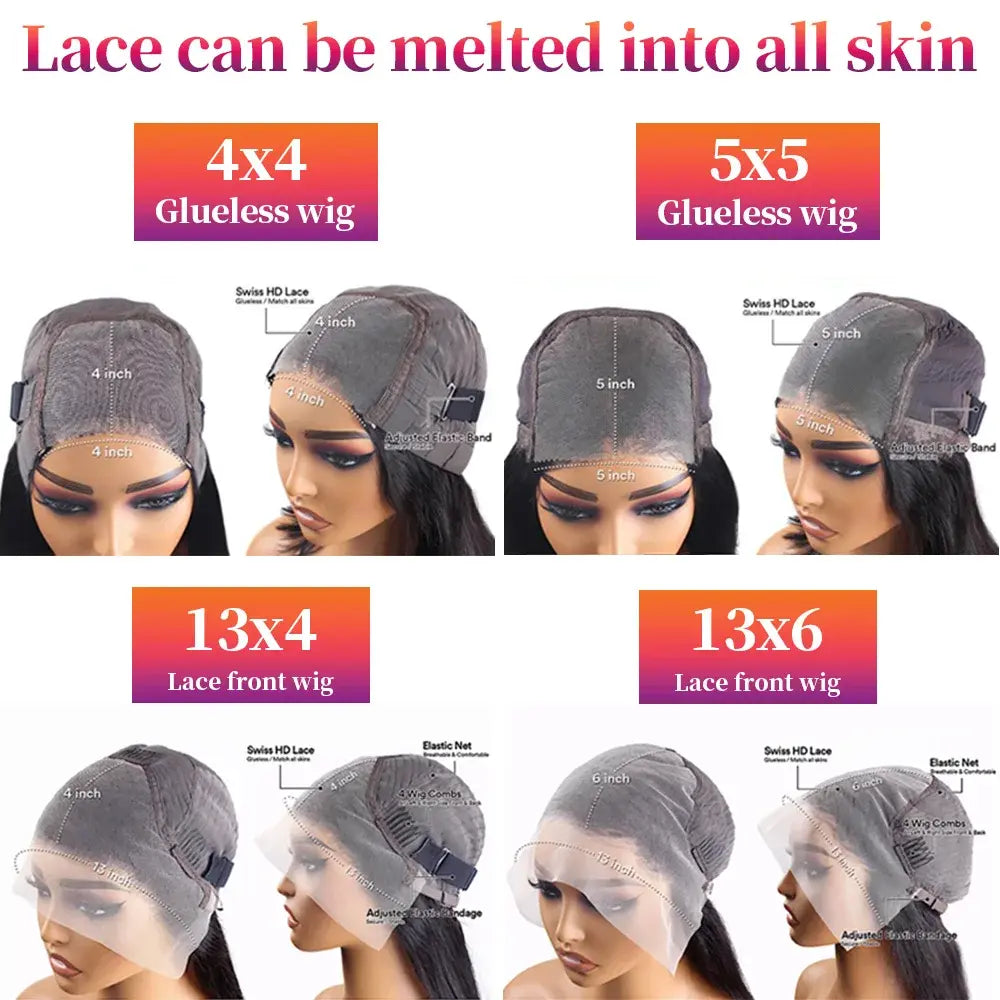 Black straight lace front human hair wig, glueless cap shown from top and side