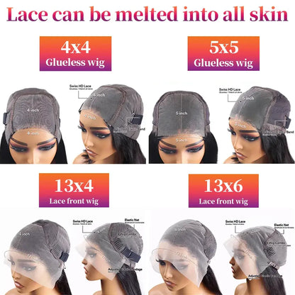 Black straight lace front human hair wig, glueless cap shown from top and side