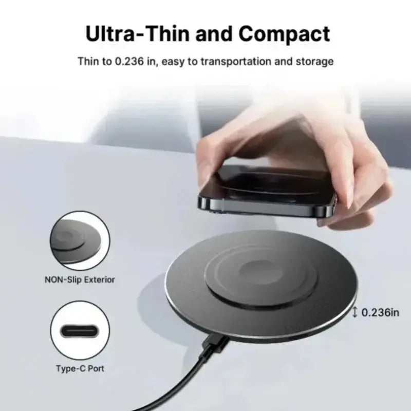 Thin black wireless charging pad with non-slip edge and USB-C port, cable connected.