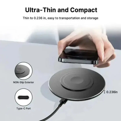 Thin black wireless charging pad with non-slip edge and USB-C port, cable connected.