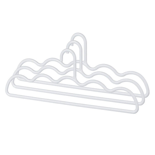White plastic notched hanger set with curved hooks and grooved grip bar