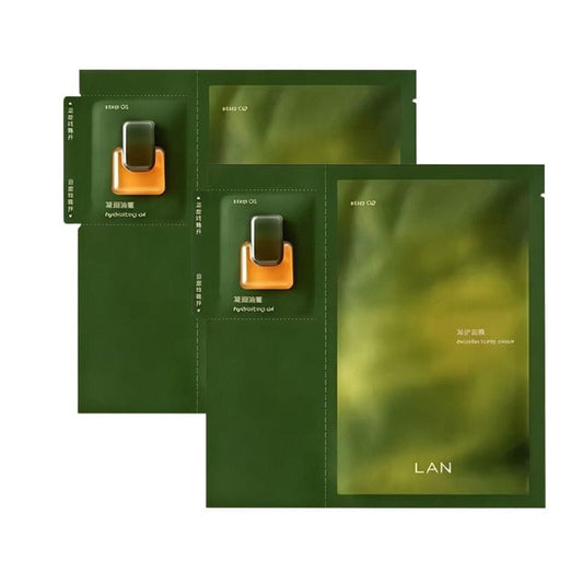 Green LAN orchid oil sheet mask pouches with bottle and drop icons