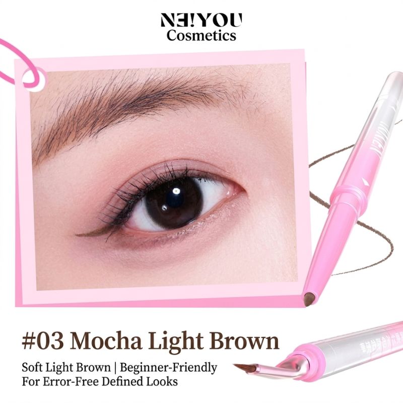 Pink dual-ended eyeliner pen with light brown gel tip and angled precision brush