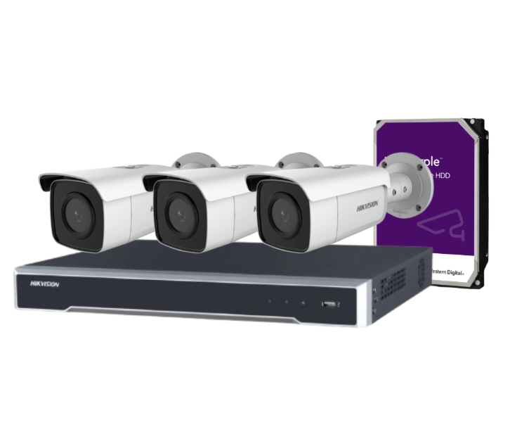 Hikvision 8MP CCTV Kit with 4 DS-2CD2T86G2-2I/4I IR Bullet Cameras + 4-Channel PoE NVR DS-7604NI-M1/4P + HDD – AcuSense, DarkFighter, IP67 Outdoor-Rated