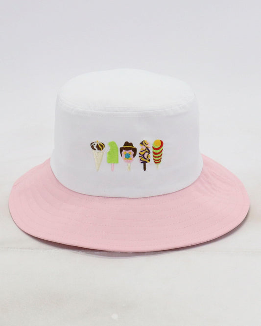Pink-and-white surf hat with ice cream graphic patch on front panel