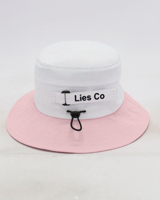 White surf hat with pink brim, black chin strap and buckle at front