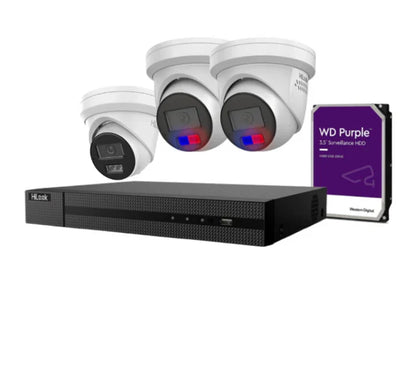 HiLook 6MP AI Fixed Turret CCTV Kit with Dual Microphone, Strobe Light, and 4K PoE NVR – IPC-T269H-MU/SL, IPC-T361H-MU-AUS, NVR-108MH-C/8P, NVR-104MH-C/4P