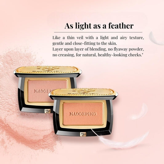 Two blush compacts with light pink and rose-toned pans, plus shimmer powder
