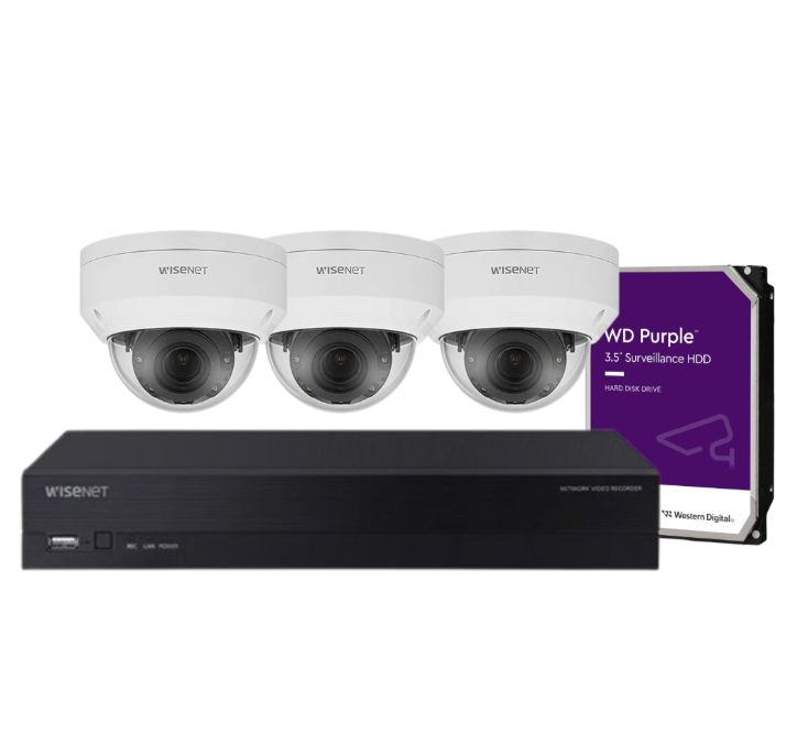 Hanwha Wisenet 4‑Camera CCTV Kit – CT‑ANV‑L7082R 4 MP Dome + CT‑ARN‑410S 4‑Ch 8 MP AI NVR with 1 + HDD – Outdoor Vandal‑Resistant, H.265, PoE