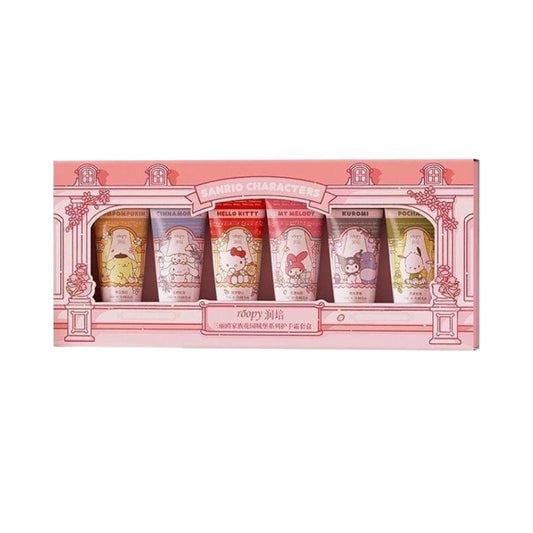 Sanrio hand cream gift set box with six character tubes, pink design