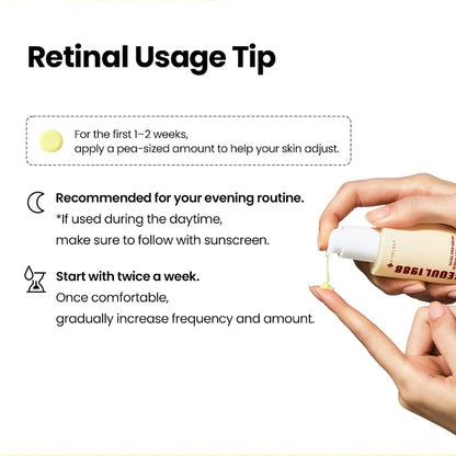 Hand applying retinal serum using pump applicator; usage tip graphic for evening routine