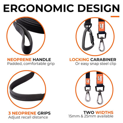 Dog recall lead showing neoprene padded handle, multiple grips, and locking carabiners