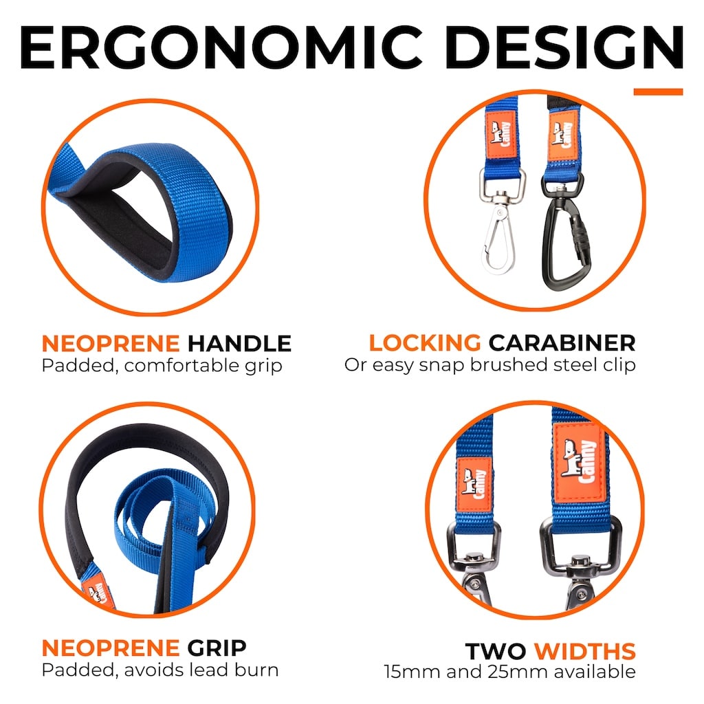 Dog lead with neoprene handle, locking carabiner clip, and two width options