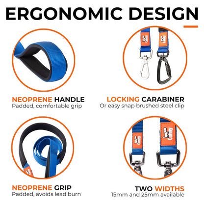 Dog lead with neoprene handle, locking carabiner clip, and two width options