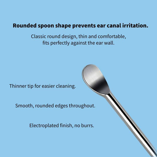 Stainless steel ear pick with rounded metal spoon end
