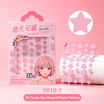 36-count star pimple patch stickers set with pink star pattern and one star-shaped patch detail