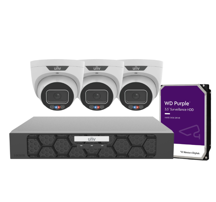 Uniview 8 MP Triguard Turret CCTV Kit – 4× IPC3638SS‑ADF28KMC‑I1 Cameras + 4‑Channel PoE NVR501‑04B‑P4‑IQ (HDD Optional)