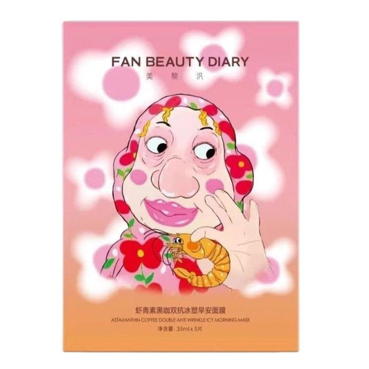 Facial mask sheet box with cartoon face design on pink background
