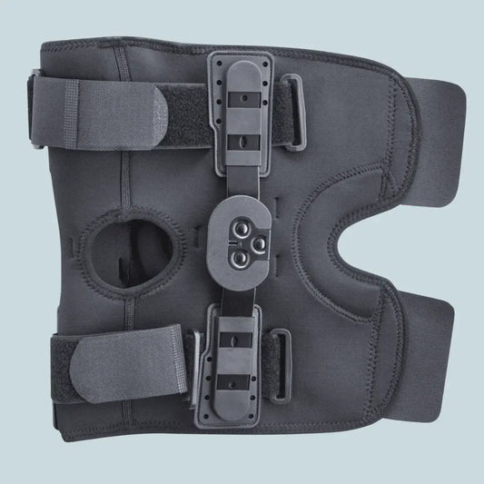 Dark gray knee brace with open patella cutout and dual adjustable straps