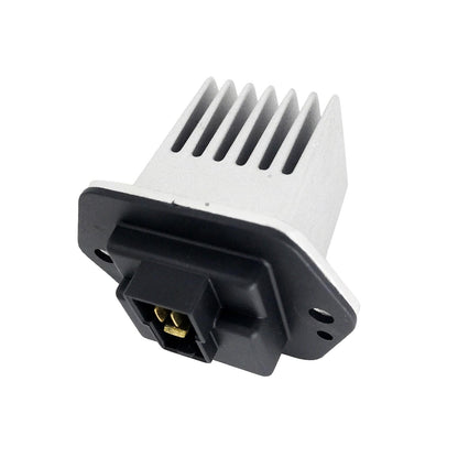 Heater fan resistor with metal fins, dark housing, and exposed multi-pin plug