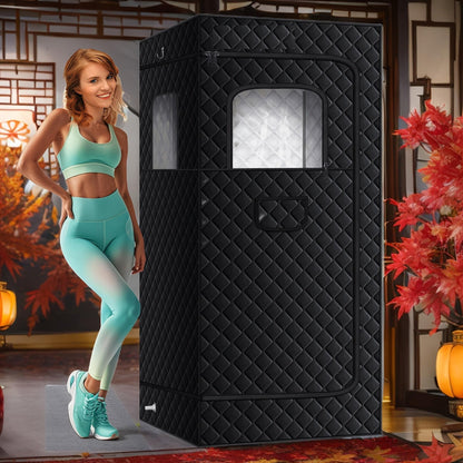 Black quilted sauna tent with arched front window and side vent panel
