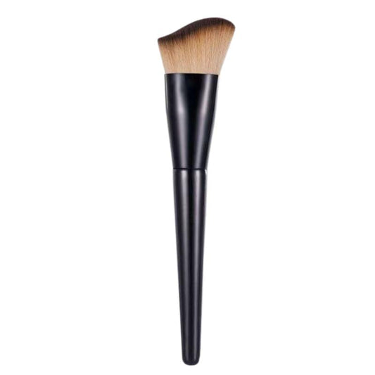 Makeup contour brush with tapered brown bristles and long black handle