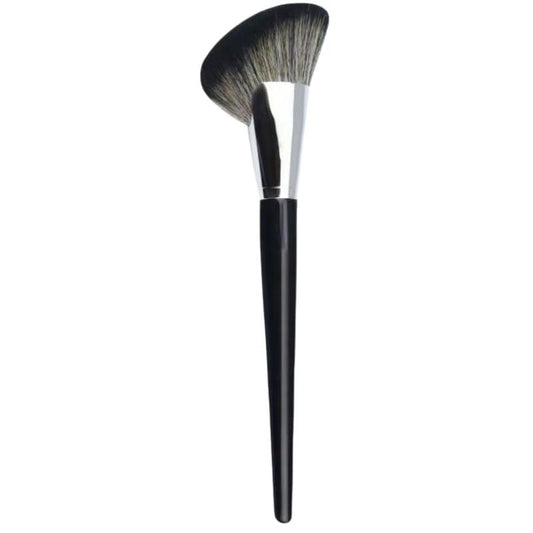 Angled contour makeup brush with black handle and silver ferrule, dense soft bristles