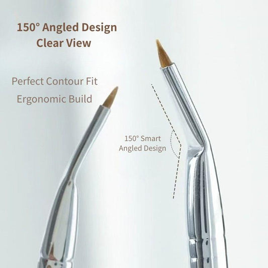 Angled eyeliner brush with slender bristles and ergonomic silver handle