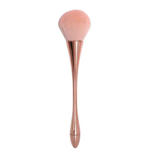 Rose gold powder brush with soft pink bristles and slim handle