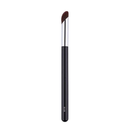 Finger-shaped concealer brush with black handle, silver ferrule, and brown bristles