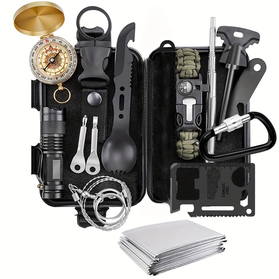 Camping survival kit tools in a molded black case, including compass and tactical flashlight
