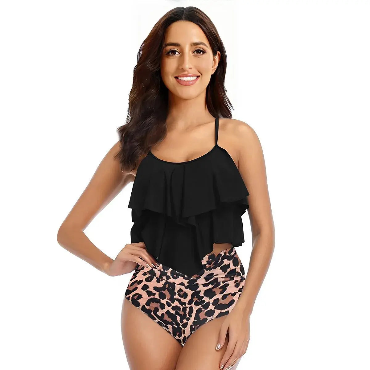 Black ruffle halter tankini top with leopard print high-waist bikini bottoms