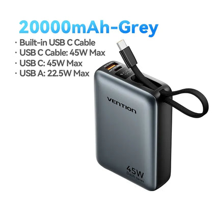 Gray power bank with built-in USB-C cable and lanyard strap, compact rectangular body.