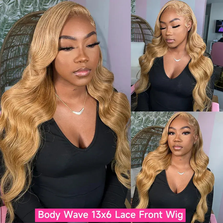 Honey blonde long body wave lace front human hair wig with deep side part