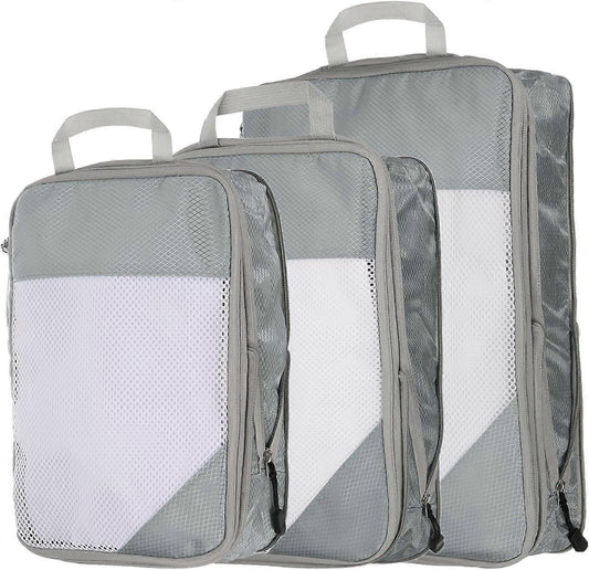 3-piece compression packing cubes set in gray with mesh panels, zip closures, and handles